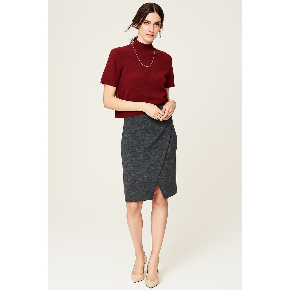 LOFT Gray Knit Pencil Skirt Size L Elastic Waist Front‎ Slit